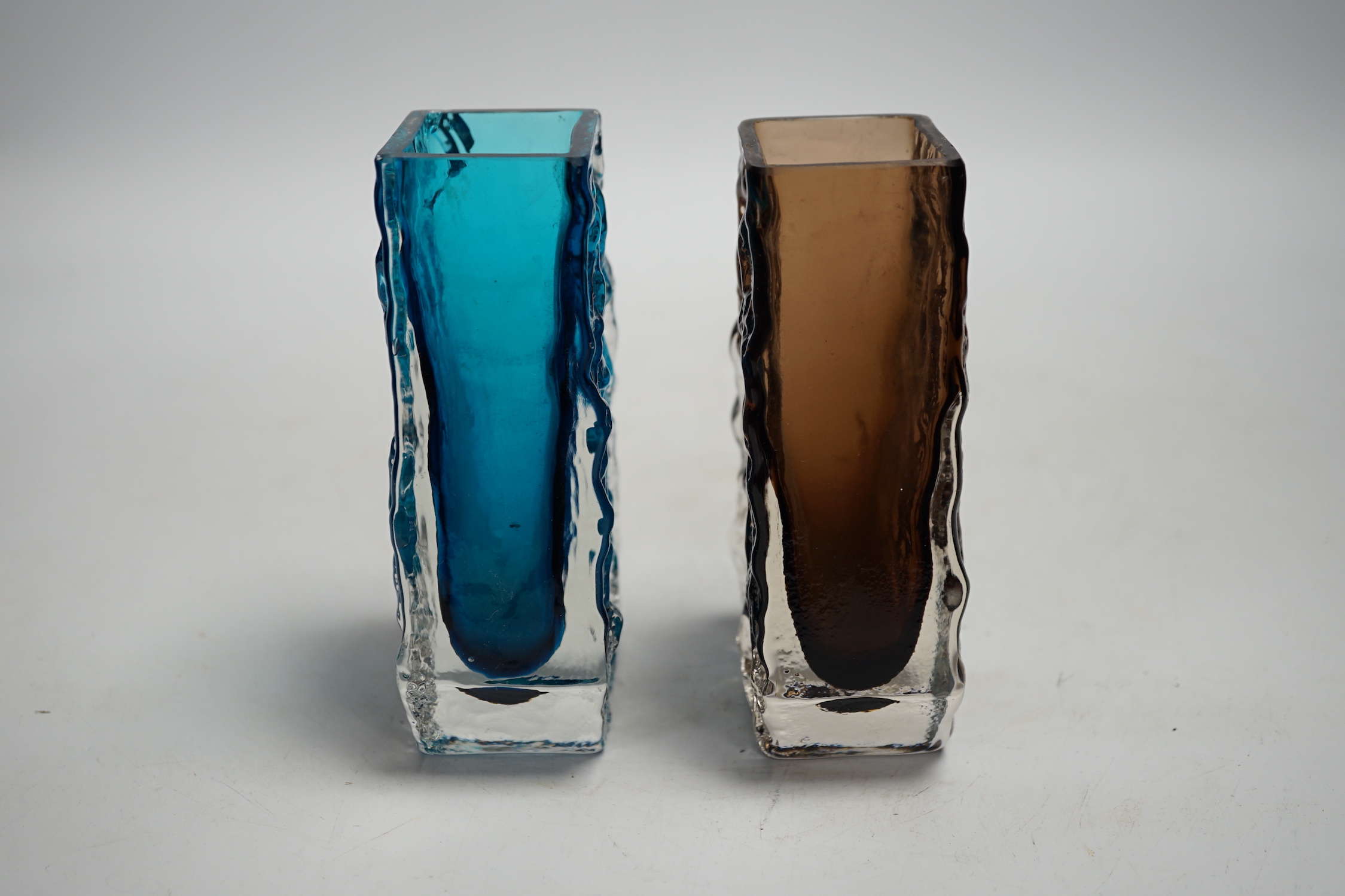 Two Whitefriars ‘Coffin’ vases in cinnamon and kingfisher blue (chipped), 13cm